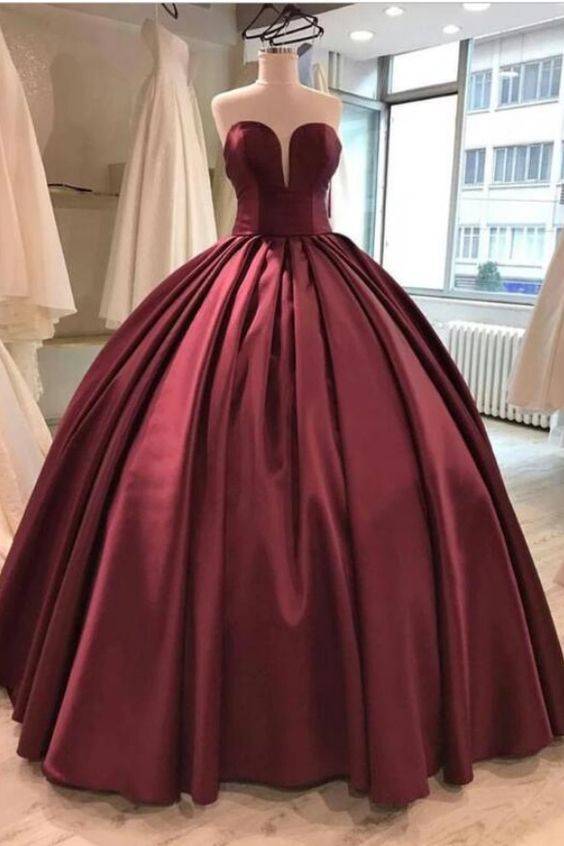 Burgundy Satin Sweetheart Prom Dresses Ball Gowns cg4363