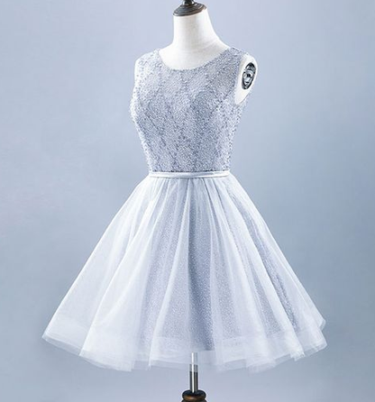 gray round neck tulle lace short dress, homecoming dress, fashion girl dress cg4367