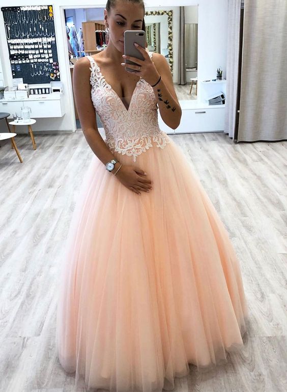 Pink v neck tulle lace long prom dress, pink evening dress cg4368