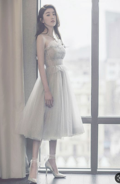 gray tulle strapless short dress, homecoming dress, bridesmaid dress cg4370