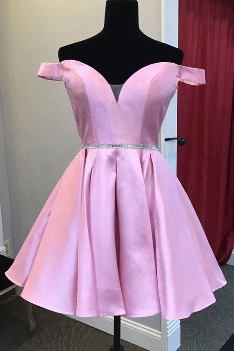 Cute off the shoulder short pink homecoming dress with sequins sash cg4382