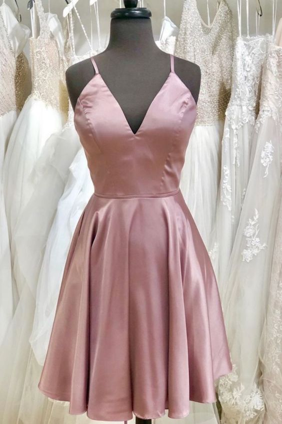 Simple Straps Rose Gold Homecoming Dress with Lace Up Back  cg4384