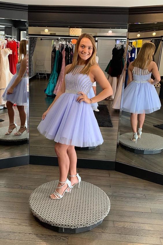 A Line Jewel Knee Length Lilac Homecoming Dress With Beading cg4385