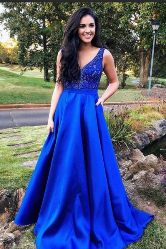 2019 A Line Prom Dresses V Neck Satin With Beads&Sequins cg4396 ...