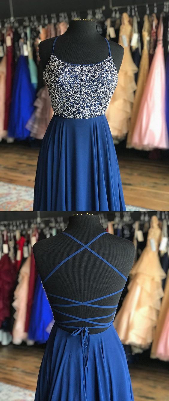 Straps Navy Blue Chiffon Floor Length Prom Dress with Lace Up Back cg4401