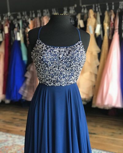 Straps Navy Blue Chiffon Floor Length Prom Dress with Lace Up Back cg4401