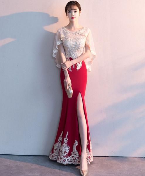 Burgundy lace mermaid long prom dress lace formal dress cg4405