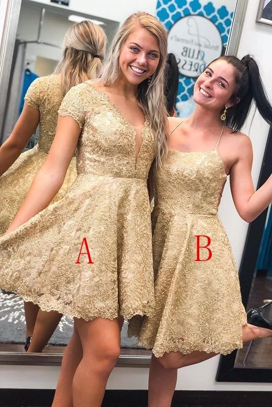 Unique Gold Lace Short Beauty Homecoming Party Dresses For Teens  cg4410