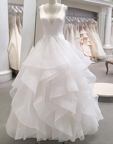 White tulle v neck long ruffles formal prom dress, wedding dress  cg4413