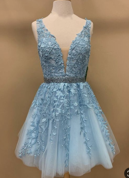 baby blue lace v neck tulle homecoming dresses 2019 cute party dress cg4428