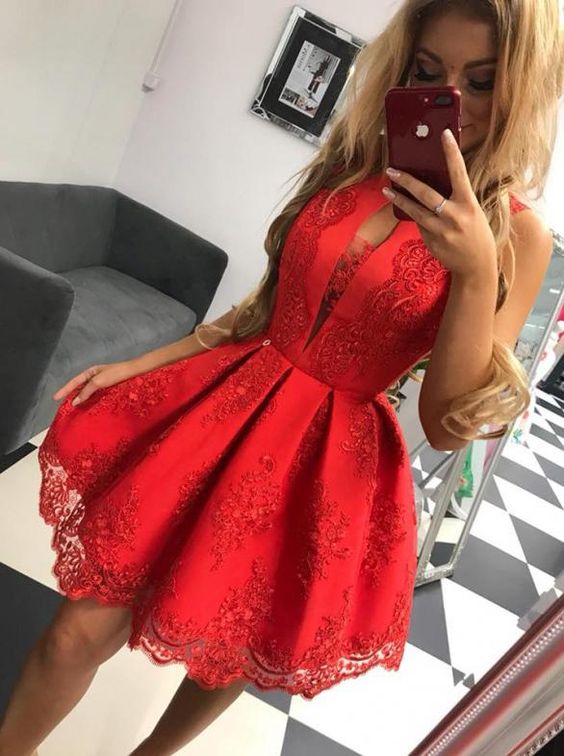 Sexy Jewel Keyhole Lace Party Dress Red Homecoming Gown cg4439