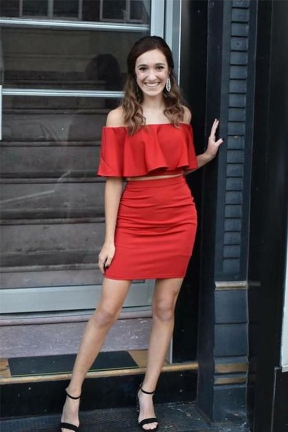Two Piece Off-the-Shoulder Above-Knee Red Homecoming Dress with Ruffles cg4447