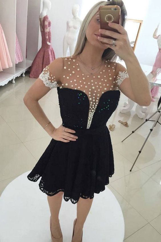 2019 A Line Scoop Short Sleeves Lace With Applique And Beads Homecoming Dresses  cg4451