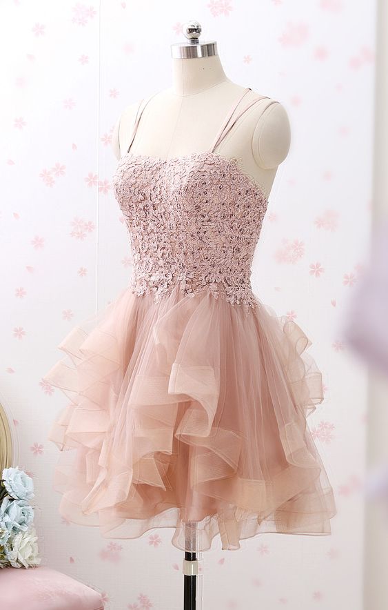 Spaghetti Straps Lace Tulle Mini Homecoming Dress Vintage Party Formal Gown cg4459