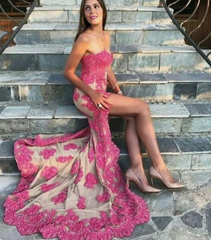 Gorgeous Strapless High Low Lace Prom Dress Ivory Formal Evening Gown Elegant Prom Gown Pink Lace Prom Dress  cg4465