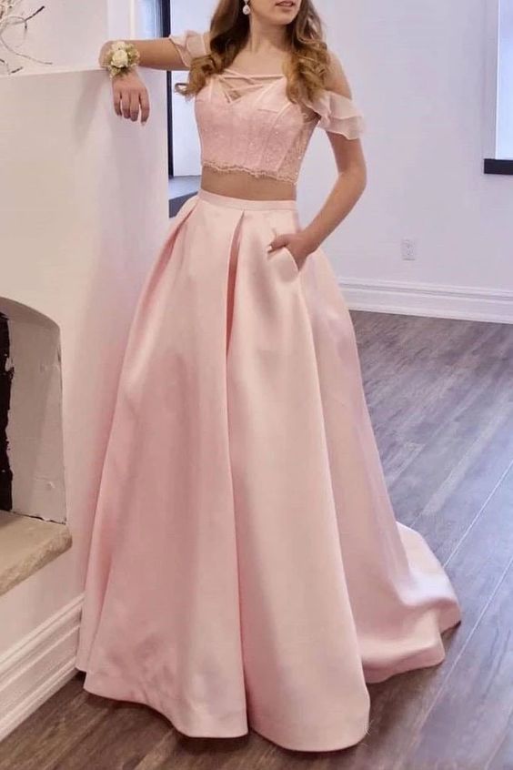 Two Piece Blush Pink Prom Dresses Long Lace Prom Gowns With Pockets  cg4467