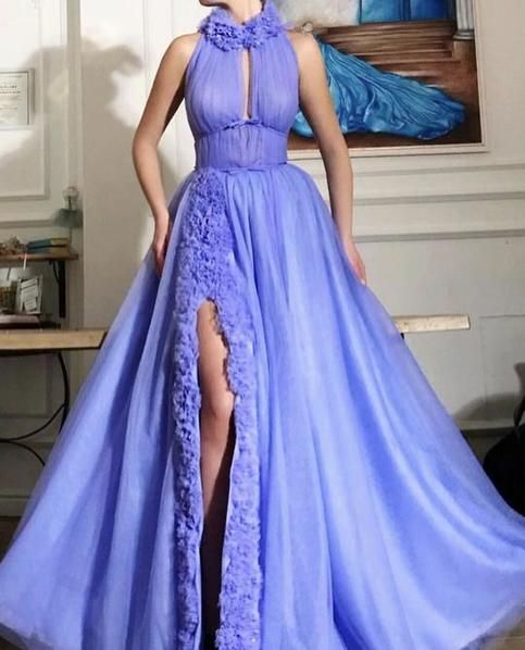 Handmade glittery tulle design and ribbons party prom dress A-line shape with neck collar evening dress cg4469