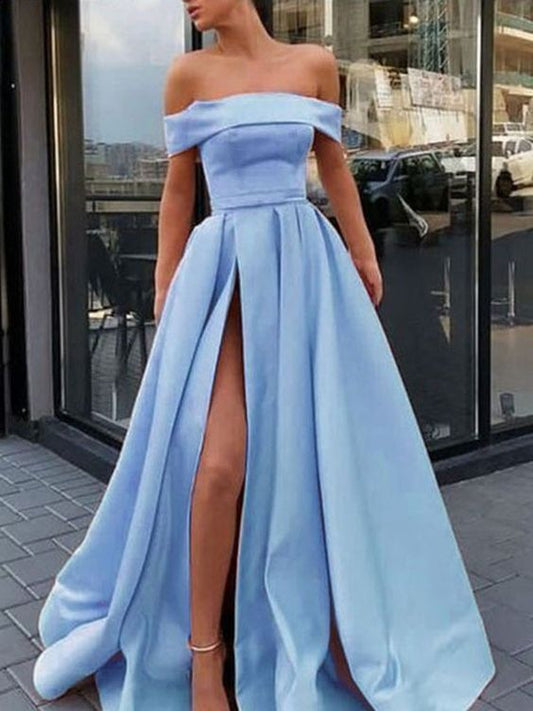 A-Line/Princess Sleeveless Off-the-Shoulder Sweep/Brush Train Ruffles Satin Dresses cg447