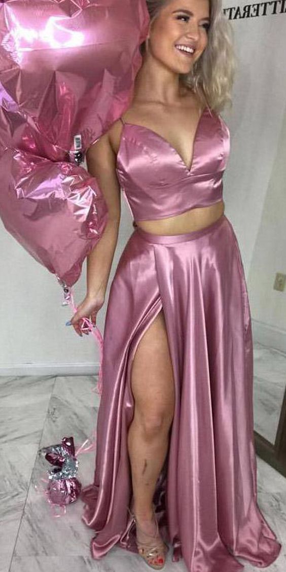 Dusty Pink Satin Spaghetti Straps V-Neck Two Piece Long Prom Dress with Slit cg4477