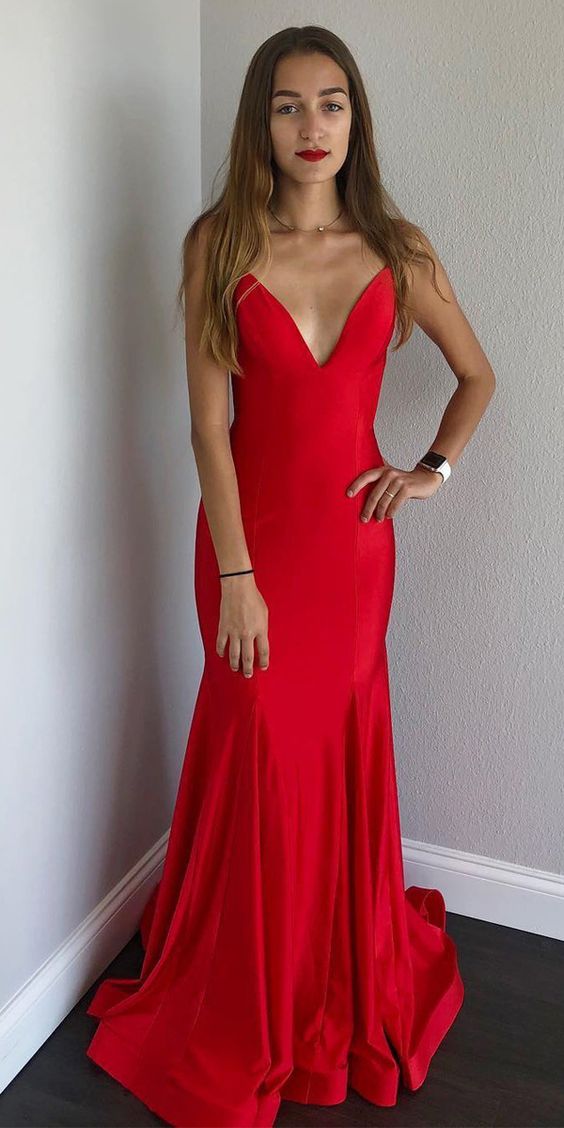Red Satin Sexy V-Neck Spaghetti Straps Mermaid Prom Dress cg4482