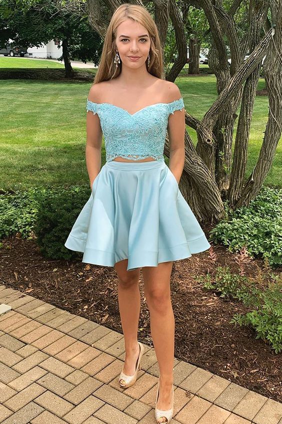 Two Piece Off-the-Shoulder Blue Homecoming Dress with Appliques cg4503