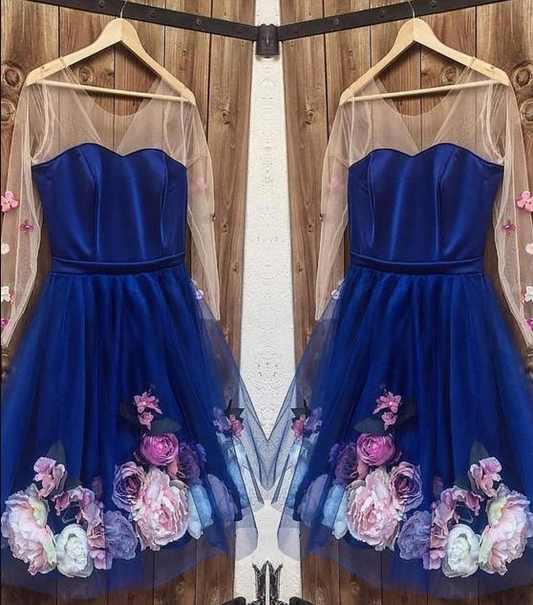 Long Sleeves 3D Floral Short Blue Dresses, Short Blue Formal Graduation Homecoming Dresses cg4513