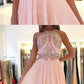 Blush Pink Halter Chiffon Open Back Long Prom Dress,Formal Gown With Beaded Top cg454