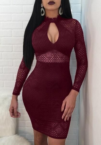 Burgundy Lace Cut Out Sheer Bodycon Clubwear homecoming dress cg4544