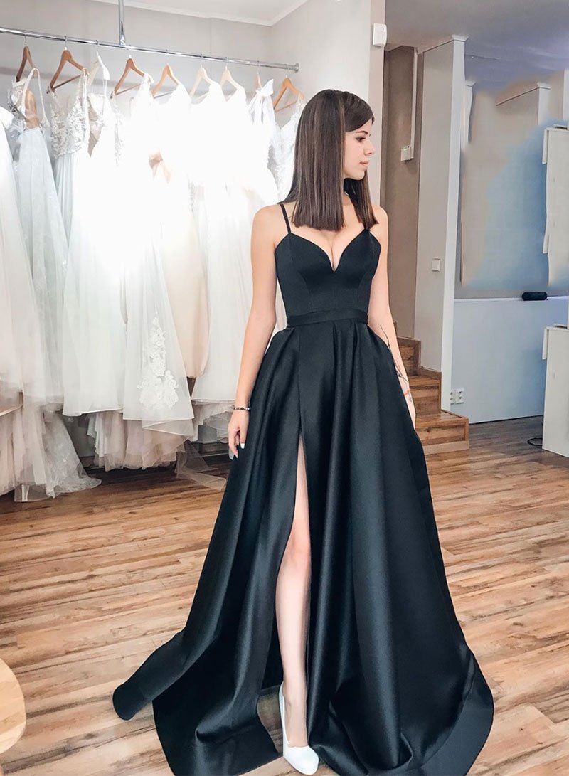 Simple black satin long prom dress, black evening dress cg4557