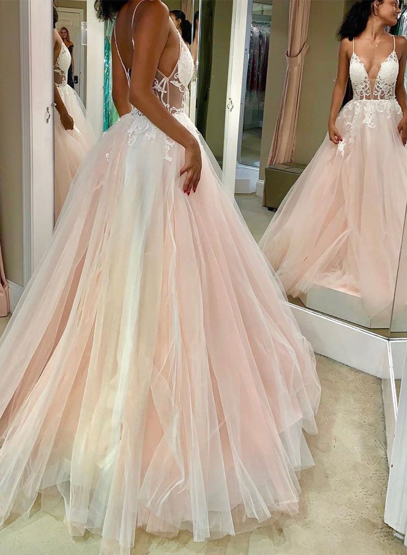 Pink v neck tulle lace long prom dress, pink evening dress cg4559