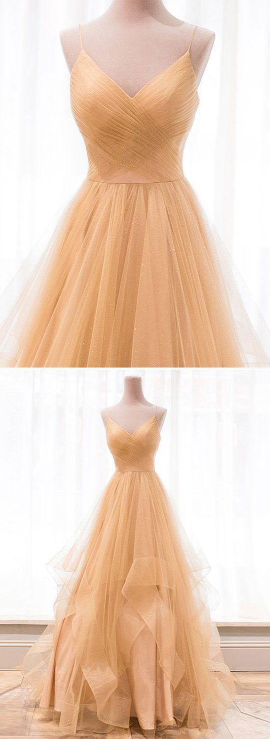 Custom made gold v neck tulle long prom dress, evening dress cg456