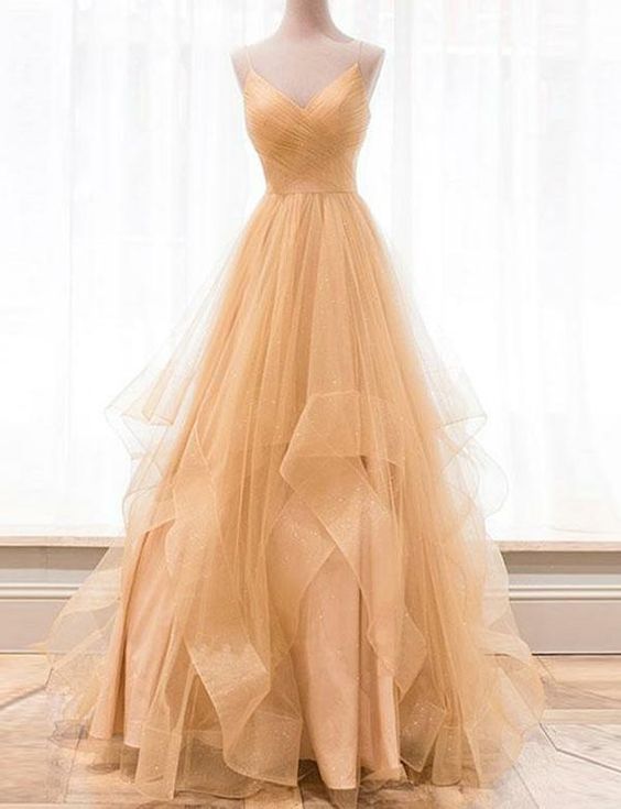 Custom made gold v neck tulle long prom dress, evening dress cg456