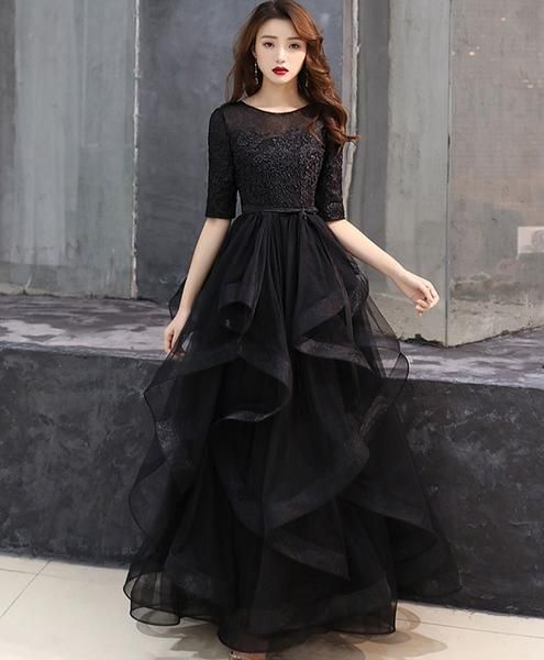 Black tulle lace long prom dress black tulle lace formal dress cg4569