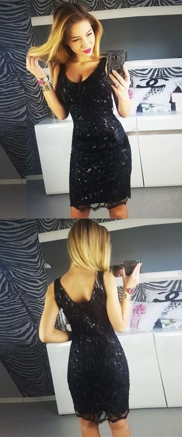 Sheath Scoop Sequins Black Lace Homecoming Dress cg4573