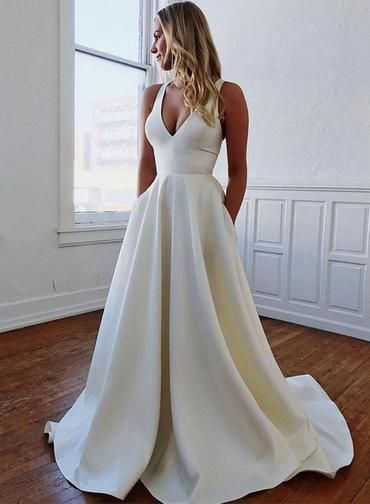 Simple v neck white satin long prom dresses, V neck white satin long formal evening dresses cg4575