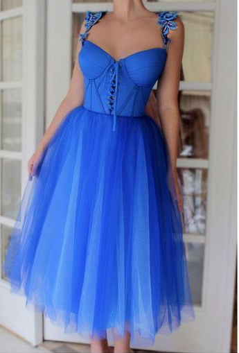 Sexy Applique Spaghetti Straps Tulle Blue Dress Charming Homecoming Dress cg4583
