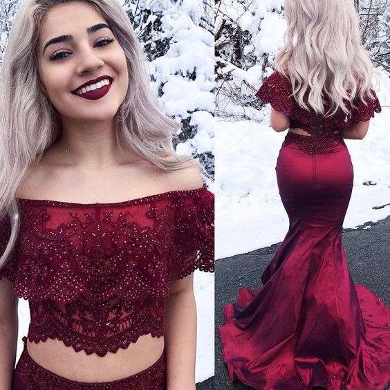 Two Piece Off-the-Shoulder Dark Red Satin Prom Dress with Lace Beading  ,burgundy prom dress cg459
