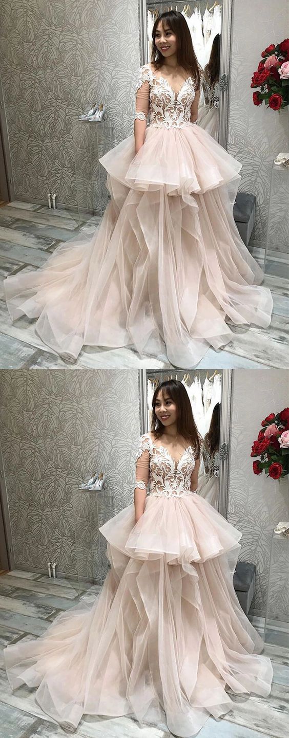 Champagne tulle lace long prom dress, champagne evening dress cg4595