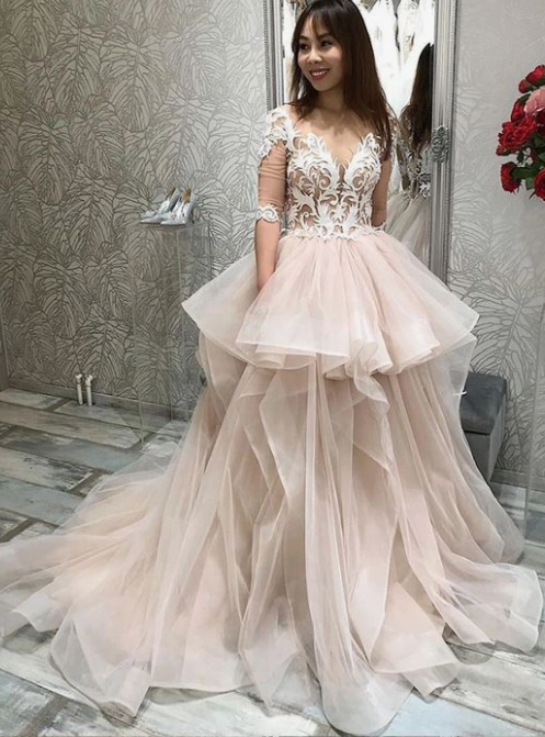 Champagne tulle lace long prom dress, champagne evening dress cg4595