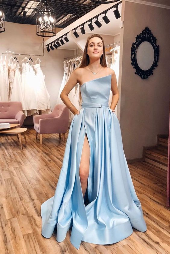 Simple blue satin long prom dress blue blue evening dress cg4601