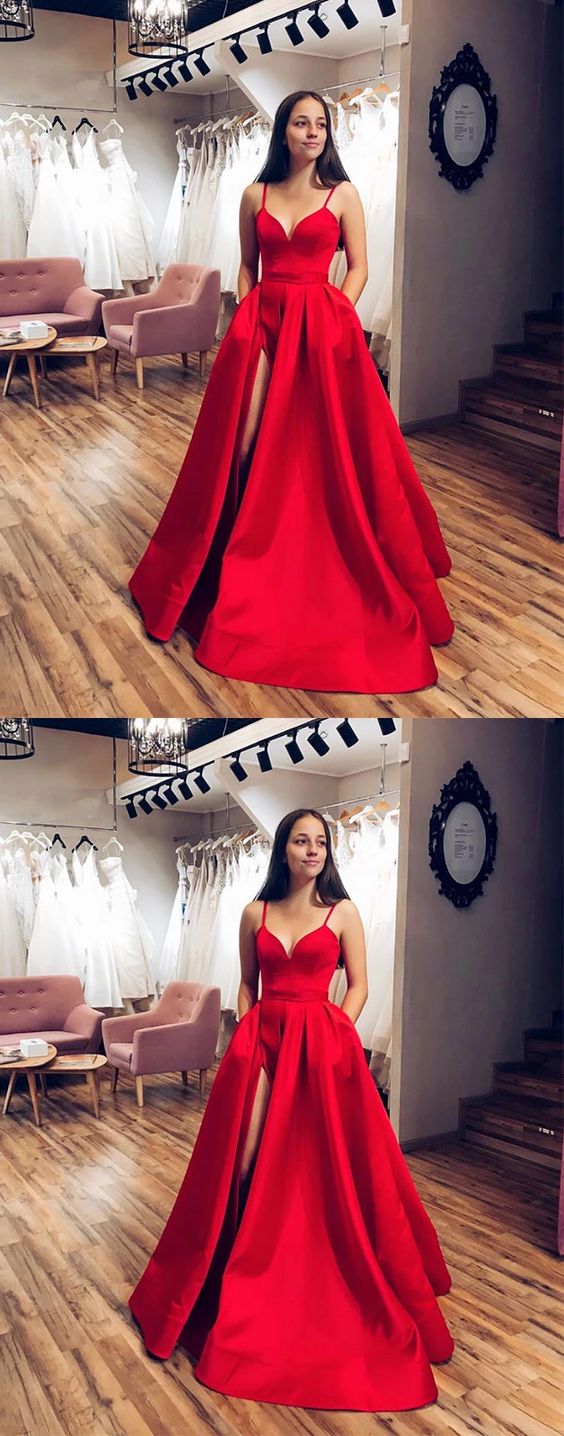 Simple red satin long prom dress red evening dress cg4602