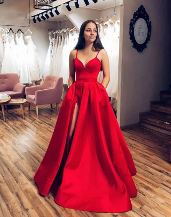 Simple red satin long prom dress red evening dress cg4602
