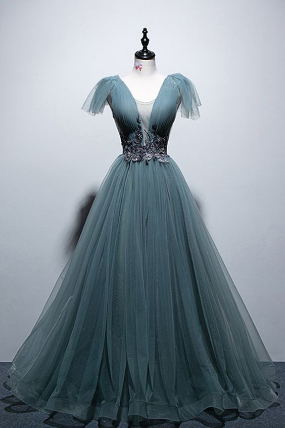 Deep Green Tulle Open Back Cap Sleeve Long Prom Dress, Formal Dress cg ...