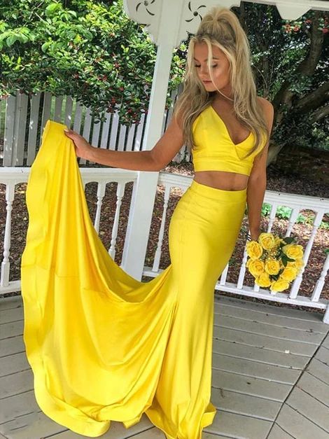 V Neck Yellow Satin Two Pieces Long Prom Dress, Yellow Mermaid 2 Pieces Formal Evening Dress  cg4643