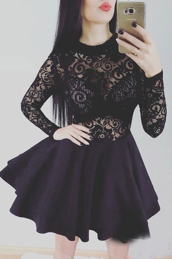 BLACK SHORT HOMECOMING DRESSES WITH LONG SLEEVES LACE cg4644