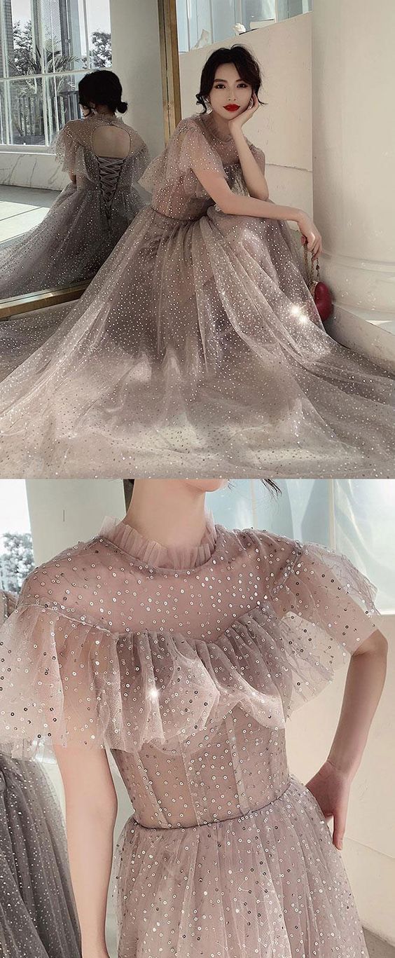 Champagne tulle sequin long prom dress, tulle formal dress cg4648