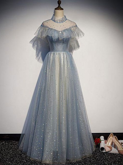 Light blue tulle lace long prom dress, tulle evening dress cg4649