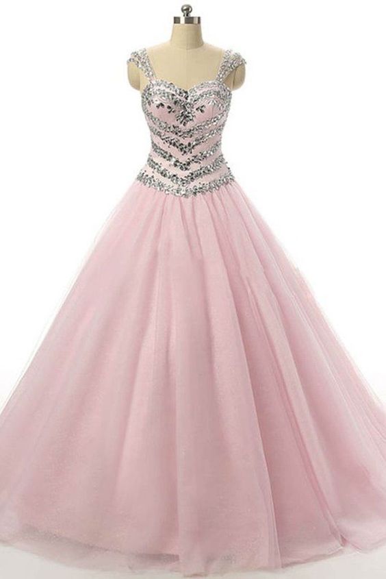 Princess pink tulle sequins beading straps long prom dresses,ball gown dresses cg4652