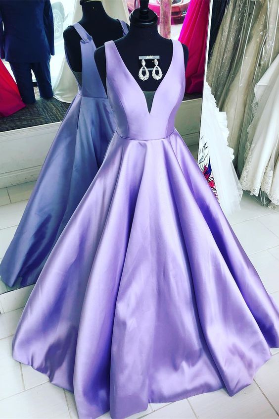 V Neck Lavender Long Ball Gown, Satin Prom Dress, Lavender Prom Dress cg4656