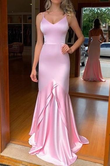 Pink Mermaid Train Sexy V-neck Evening Prom Dress cg4664